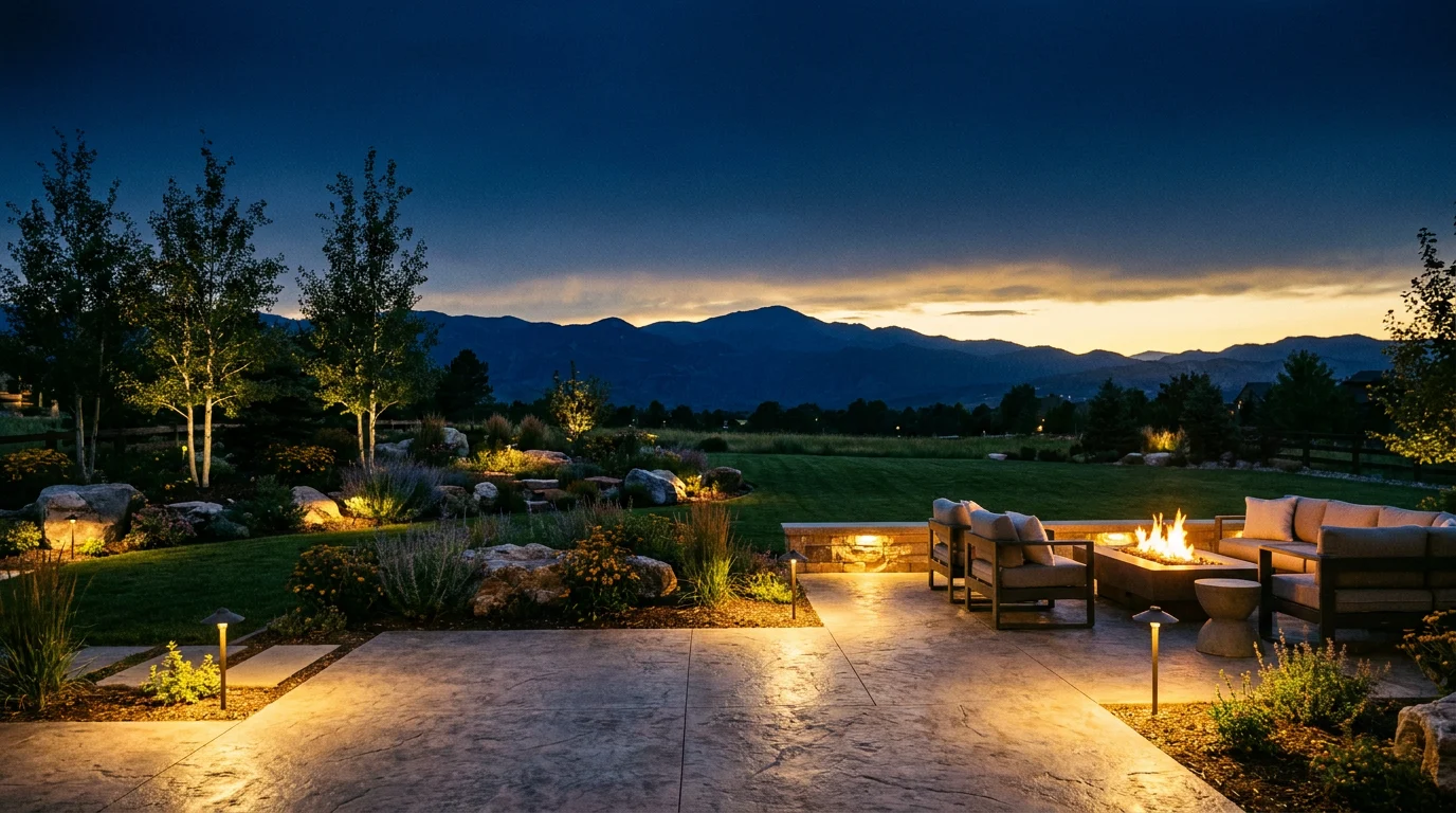 A Colorado backyard patio glowing with warm lights at dusk