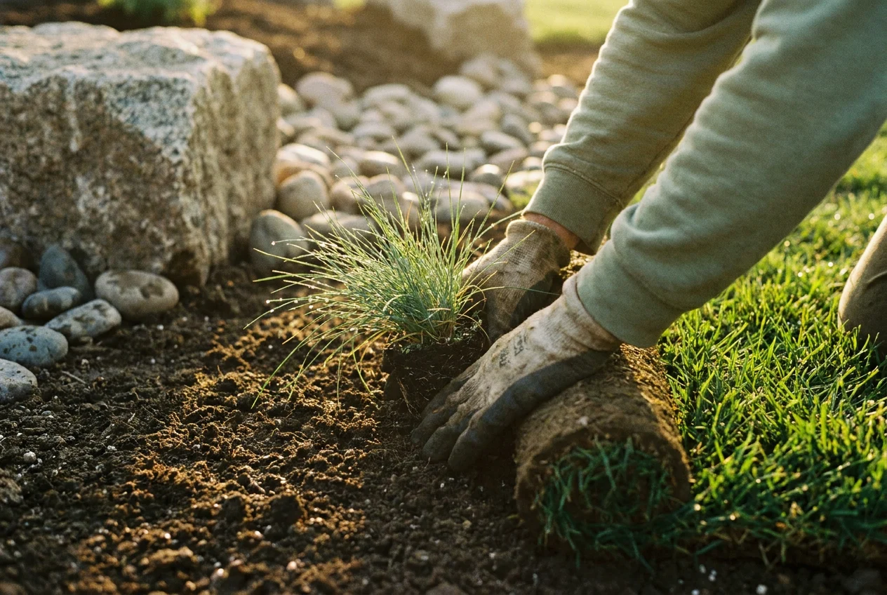 Close-up of hands setting fresh sod and ornamental grass