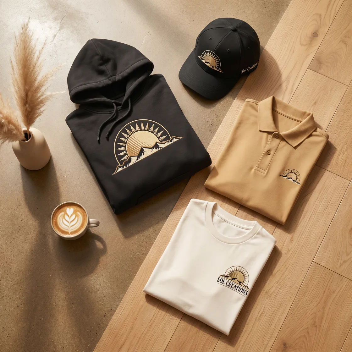 SOL Creations branded apparel — hoodie, polo, tee and cap