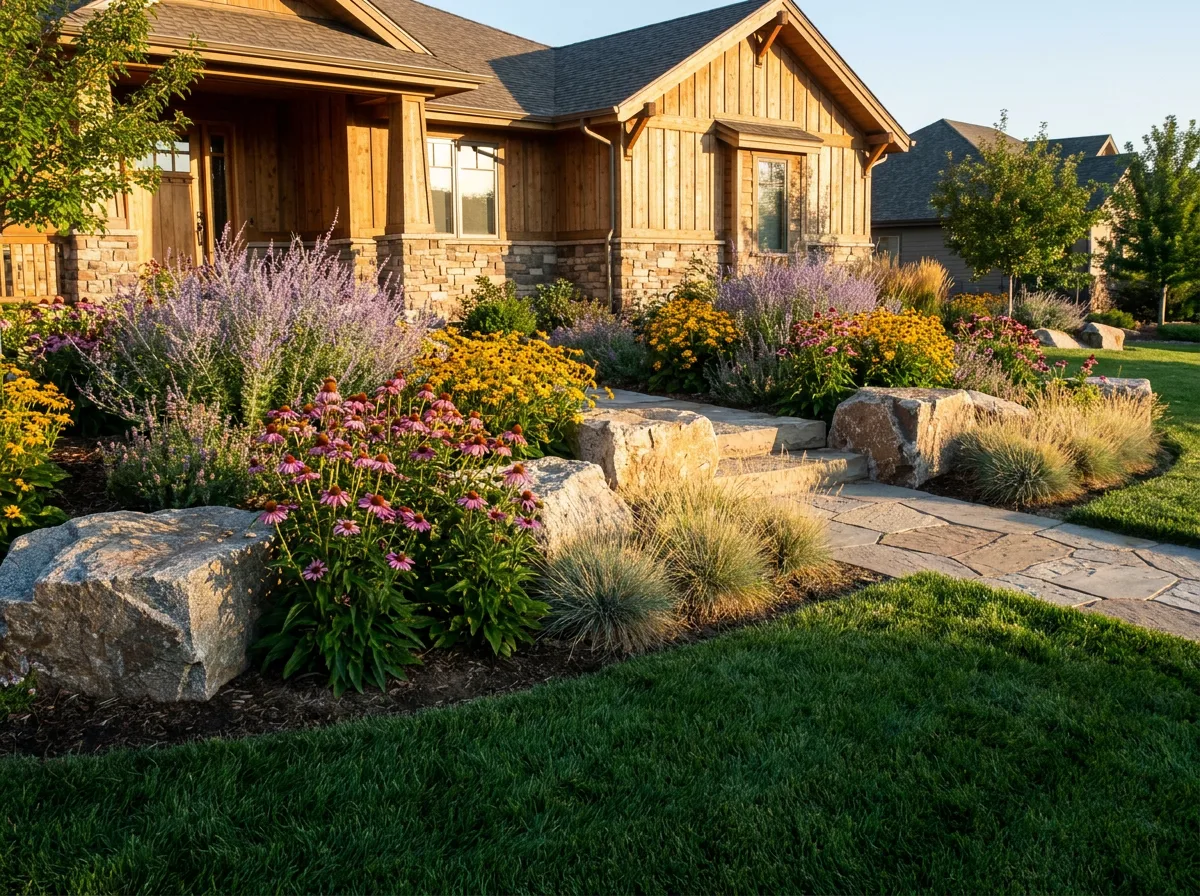 Full landscape design with beds, boulders and sod